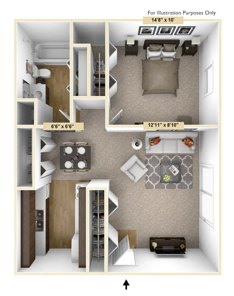 Floor plan for 1 bed, 1 bath, 615 sqft